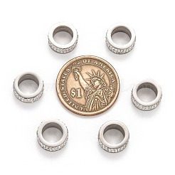 304ステンレススチールコラムビーズ  ポリマークレイラインストーン付き  ステンレス鋼の金属色  クリスタル  13x6mm  穴：8mm&nbsp;RB-I065-02