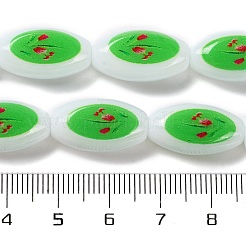 ネックレスやブレスレットを作るためのガラスの楕円形ビーズの印刷  花  春の緑  19x10x8mm  穴：1.5mm  約16個/連  12.05''（30.6センチメートル）&nbsp;GLAA-B020-01A-15
