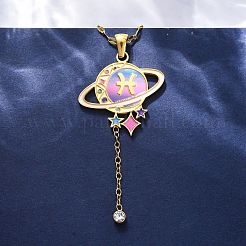 304 ステンレススチール ホットパールエナメル 星座 惑星 ペンダントネックレス  クリスタルラインストーン付き  ゴールドカラー  魚座  15.94インチ（40.5cm）&nbsp;NJEW-D310-01H-G