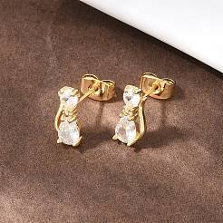猫型真鍮マイクロパヴェクリアキュービックジルコニアスタッドピアス  長持ちメッキ  ラックめっき  18KGP本金メッキ  11x5mm&nbsp;EJEW-C172-01G