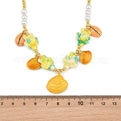 Ocean Brass Enamel Starfish Shell Shape Pendant Round ABS Imitation Pearl Beaded Necklaces&nbsp;KK-CBA4547-04A-G