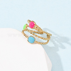 女性用304ステンレススチールカフリング  エナメル  ゴールドカラー  正方形  14.5mm&nbsp;LS-RJEW-D334-02D-G