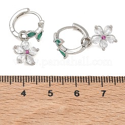 花柄真鍮製マイクロパヴェキュービックジルコニアフープピアス（女性用）  ラックめっき  長持ちメッキ  鉛フリー＆カドミウムフリー  プラチナ  24x10.5mm&nbsp;EJEW-A167-13P-01