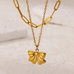 304 Stainless Steel Bowknot Pendant Necklaces&nbsp;NJEW-L182-001G-07