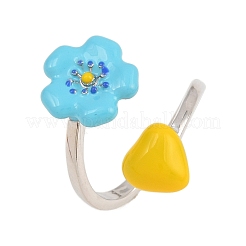 女性用真鍮カフオープンリング  花  エナメル  カドミウムフリー＆鉛フリー  ラックめっき  長持ちメッキ  プラチナ  ディープスカイブルー  usサイズ7 1/4(17.5mm)&nbsp;KK-CBA17E5-03P-02