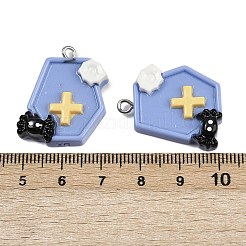 ハロウィン不透明樹脂ペンダント  クロス  プラチナ鉄ループ付き  コーンフラワーブルー  27x22x7.5mm  穴：2mm&nbsp;LS-RESI-C062-02B