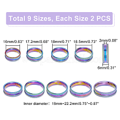 18個 9サイズ 201 ステンレススチール 溝付き指輪セット メンズ レディース  虹色  内径：16~22.2mm  ワイド：6mm  2pcs /サイズ&nbsp;STAS-UN0045-59B-M