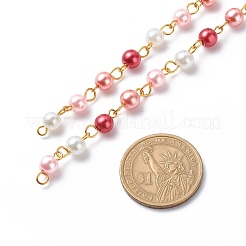 手作りのガラスパールビーズチェーン  真鍮製アイピン付き  溶接されていない  クリムゾン  13x6mm  約3.28フィート（1m）/連&nbsp;AJEW-JB01136-05