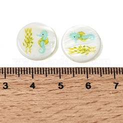 海のプリント柄天然淡水貝のフラットラウンドいビーズ  タツノオトシゴ  15.5x3~3.5mm  穴：0.8mm&nbsp;SHEL-A006-13G