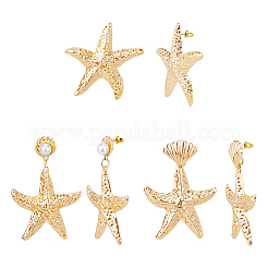 3 Pairs 3 Style Alloy Starfish Dangle Stud Earrings with Plastic Pearl Beaded&nbsp;EJEW-FI0002-95