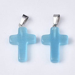キャッツアイペンダント  ステンレス鋼ヒートンキャップ付き  クロス  ステンレス鋼色  空色  28~30x18x6mm  穴：7x3.5mm&nbsp;G-S358-003D