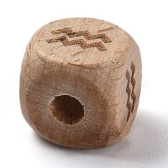 天然木の星座ビーズ  キューブ  水瓶座  12x12x12mm  穴：4mm&nbsp;WOOD-M002-11