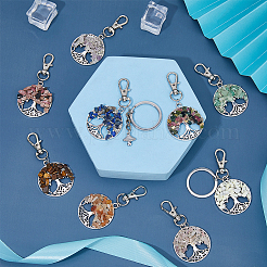 36Pcs 9 Styles Natural Gemstone Chips Flat Round with Tree of Life Pendant Decoration&nbsp;HJEW-FH00053