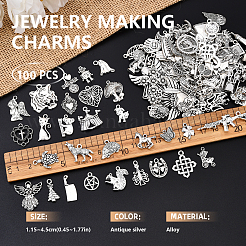 100個100スタイルチベットスタイルの合金チャーム  混合図形  アンティークシルバー  9.5~55x8~40x1~7mm  穴：0.8~4mm  1個/スタイル&nbsp;TIBEP-YW0002-01