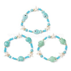 3Pcs 3 Styles Handmade Porcelain & Glass Seed Bead & Starfish Synthetic Turquoise Stretch Bracelets for Women&nbsp;BJEW-MZ00316