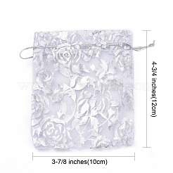 ローズプリントオーガンジーバッグ巾着袋  ギフトバッグ  長方形  ホワイト  12x10cm&nbsp;OP-R021-10x12-03