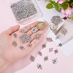 90個 9スタイル チベットスタイル 合金フラワーリンク/コネクター  アンティークシルバー  12~37x15~31x1~3.5mm  穴：1.5~2mm  10個/スタイル&nbsp;TIBE-ME0001-03