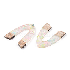 透明レジン＆ホワイトウッドペンダント  スパンコール付きアーチ型チャーム  透明  38x29x3mm  穴：2mm&nbsp;RESI-N039-32