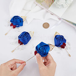 ローズリボンブローチ  結婚披露宴のためのプラスチックパールと真鍮の葉の襟章  ゴールドカラー  ミディアムブルー  110x77x26mm  ピン：1mm&nbsp;JEWB-WH0010-12A