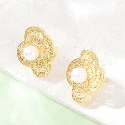 Valentine's Day Flower Brass Micro Pave Clear Cubic Zirconia Stud Earrings&nbsp;EJEW-T051-03G