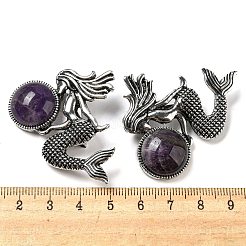 両用アイテム合金マーメイドブローチ  天然アメジストと  アンティークシルバー  42x37x12mm  穴：8x3mm&nbsp;JEWB-C026-02C-AS