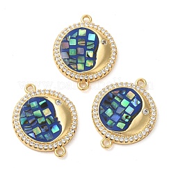 Rack Plating Brass Micro Pave Clear Cubic Zirconia Flat Round with Moon Connector Charms&nbsp;KK-K385-088G