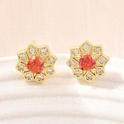 真鍮製 マイクロパヴェ キュービックジルコニア スタッドピアス 女性用  花  カドミウムフリー＆鉛フリー  長持ちメッキ  ラックめっき  18KGP本金メッキ  レッドオレンジ  9.5x10.5mm&nbsp;KK-A305-03G-05
