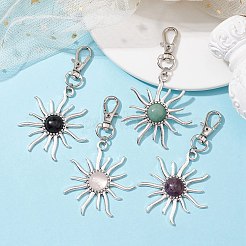天然混合宝石ペンダント装飾  チベットスタイルの合金太陽ペンダントと合金回転カニカン付き  83mm  日：50.5x47x6mm&nbsp;HJEW-JM01802