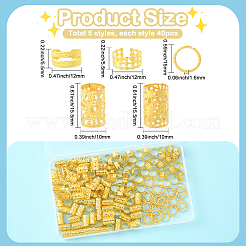 200個 5スタイル アイロンドレッドヘアビーズ ヘアデコレーション  ヘアコイルカフ  ゴールドカラー  12~15x5.5~10mm  内径：9~12mm  40個/スタイル&nbsp;OHAR-SC0001-13