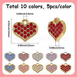 50個10色亜鉛合金ペンダント  ラインストーン付き  ハートチャーム  ミックスカラー  13x15x2mm  穴：1.6mm  5個/カラー&nbsp;FIND-SC0020-63