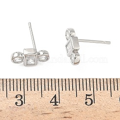 Rectangle with Flat Round Brass Micro Pave Clear Cubic Zirconia Stud Earrings&nbsp;EJEW-G452-12P