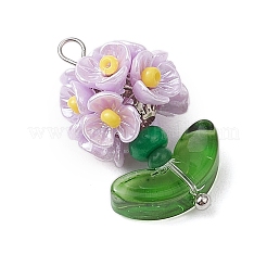 ガラスシードビーズの花のペンダント  樹脂と真鍮の金具付き  ライラック  25x14x13mm  穴：3x2.5mm&nbsp;PALLOY-MZ00521-04