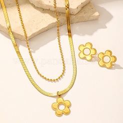 304ステンレススチールフラワーペンダントネックレス＆ボールチェーンネックレス＆スタッドピアスセット（女性用）  ゴールドカラー  16.54インチ（42cm）  18.11インチ（46cm）  20.5x21mm&nbsp;SJEW-F225-04G