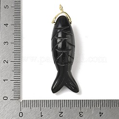 天然黒曜石の彫刻ペンダント  真鍮マイクロパヴェキュービックジルコニアの留め具が付いた魚のチャーム  ゴールドカラー  45.5x12.5x12mm  穴：1.6mm&nbsp;G-P599-07G-01
