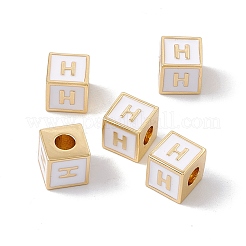 メッキ真鍮エナメルビーズラック  カドミウムフリー＆ニッケルフリー＆鉛フリー  18KGP本金メッキ  文字付きのキューブ  ホワイトスモーク  文字.h  6x6x6mm  穴：2.5mm&nbsp;KK-B060-04G-04H