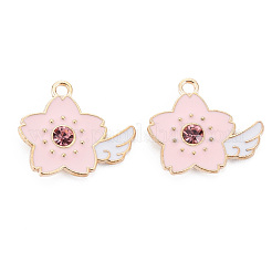 合金エナメルチャーム  ラインストーン付き  カドミウムフリー＆鉛フリー  ライトゴールド  花  ピンク  19x21.5x4mm  穴：2mm&nbsp;ENAM-S121-185