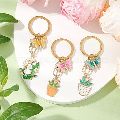 鉢植えと蝶の合金エナメルペンダントキーホルダー3個  真鍮製スプリットキーリング付き  ミックスカラー  ゴールドカラー  66mm  3個/セット&nbsp;KEYC-JKC01160