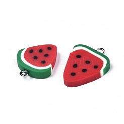 ポリマークレイのペンダント  スイカ  レッド  17~22x15~17x3~5mm  穴：2mm&nbsp;CLAY-Q186-03