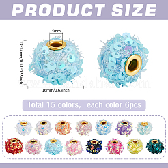 ポリエステルとプラスチックの90色パイエットヨーロピアンビーズ15個  大穴ビーズ  ロンデル  真鍮製の芯材付き  ミックスカラー  16x13~14mm  穴：4mm  6個/カラー&nbsp;FIND-PH0029-13