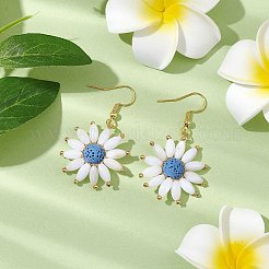 天然の溶岩石の花のダングルイヤリング  真鍮製のピアスフック付き  ゴールドカラー  コーンフラワーブルー  47x27.5mm&nbsp;EJEW-TA00568-03
