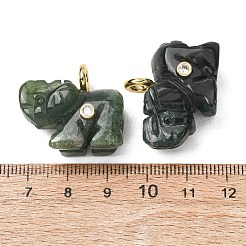 天然苔瑪瑙の彫刻ペンダント  真鍮製のマイクロパヴェクリアキュービックジルコニア金具を使用した象のチャーム  ゴールドカラー  22~24x25~26.5x13~14mm  穴：3.5~4mm&nbsp;G-H357-01G-11