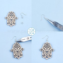 DIYイヤリングキット  染色されていない木製のペンダント付き  銀メッキ真鍮ピアスフック  ハムサ手/ファティマの手/ミリアムの手  バリーウッド  48x40x2mm  穴：1.5mm&nbsp;DIY-SC0010-68