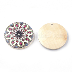 印刷木製のペンダント  フラットラウンド  ベージュ  30x5mm  穴：1mm&nbsp;WOOD-S045-034H