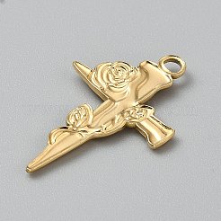 304ステンレスペンダント  バラのチャーム付きクロス  ゴールドカラー  32x20x2mm  穴：2.5mm&nbsp;STAS-WH0060-01