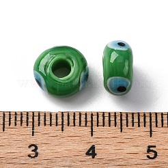 手作りのナザールボンジュウのランプワークビーズ  フラットラウンド  グリーン  9~10x6mm  穴：3mm&nbsp;LAMP-F021-01-08