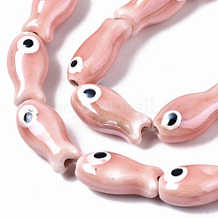 手作りの磁器セラミックビーズ連売り  手描き  光沢釉の磁器  魚  ピンク  19x10x8mm  穴：1.5mm  約17個/連  12.40インチ（31.5cm）&nbsp;PORC-T006-03I