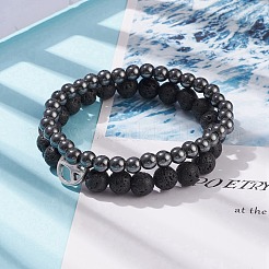 2 個 2 スタイル天然溶岩 & 合成ヘマタイト ラウンド ビーズ ストレッチ ブレスレット セット合金ピースサイン  女性のためのエッセンシャルオイルジェムストーンジュエリー  内径：2-1/8~2-1/4インチ（5.4~5.6cm）  1個/スタイル&nbsp;BJEW-JB08311