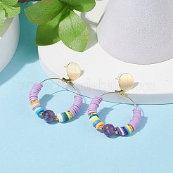 Natural Amethyst & Polymer Clay Beaded Big Ring Dangle Stud Earrings&nbsp;EJEW-TA00075-01
