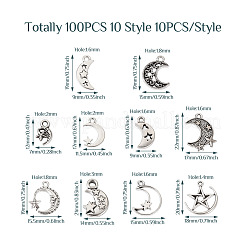 100個10スタイルチベットスタイルアロイペンダント  スターとムーン  アンティークシルバー  17~22x7~18x1~3.5mm  穴：1.4~3mm  10個/スタイル&nbsp;FIND-SW0001-29