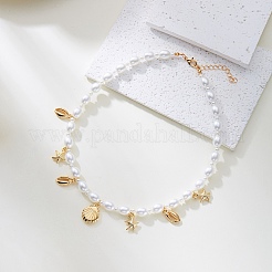 Summer Beach Alloy Shell Shaped Starfish Tassel Plastic Imitation Pearl Beaded Necklaces for Women&nbsp;FS-WGF3BD7-02